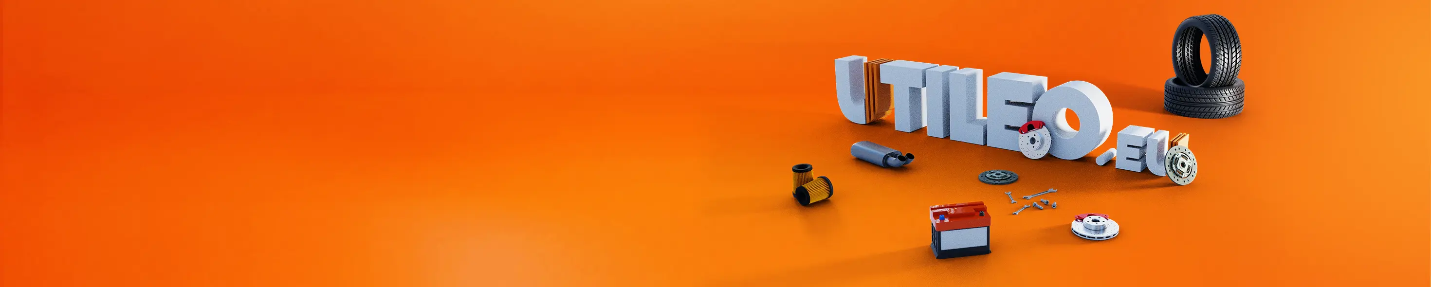 Logo UTILEO entouré de pièces utilitaires, telles que pneus, filtres, disques de frein et batterie, sur fond orange.